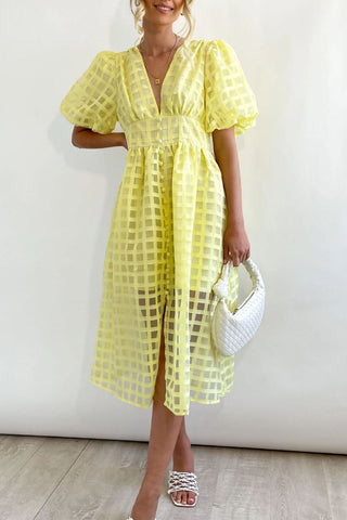 V-neck Lantern Sleeve Grid Semi-sheer Dress