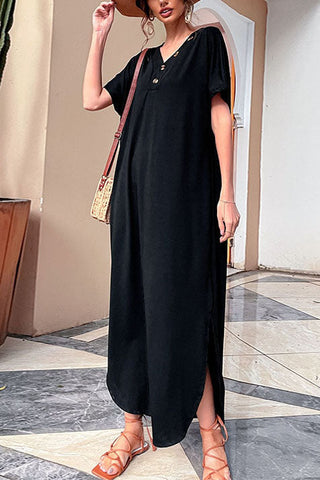 V-neck Button loose Retro Long Dress