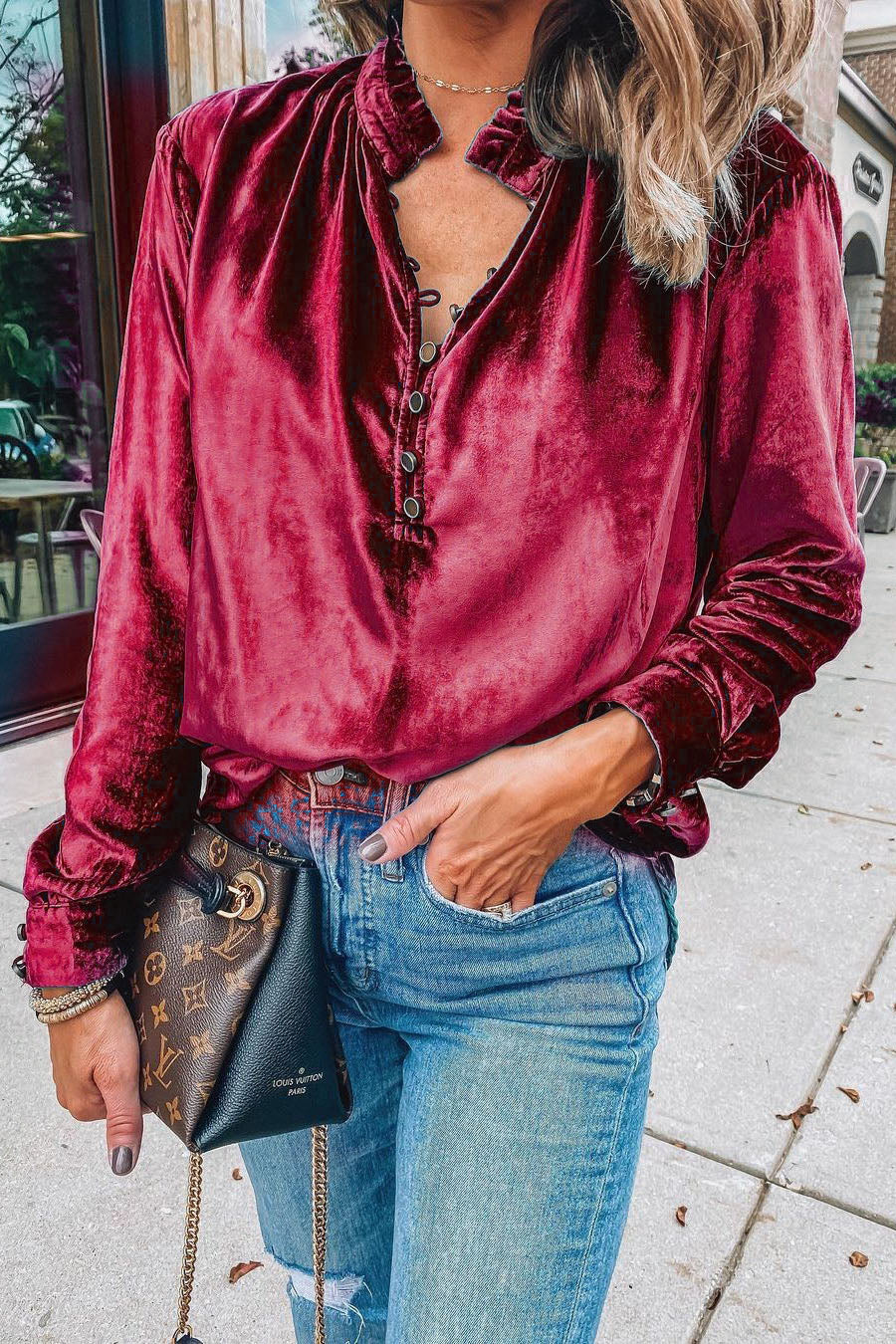 V Neck Velvet Long Sleeve Shirt