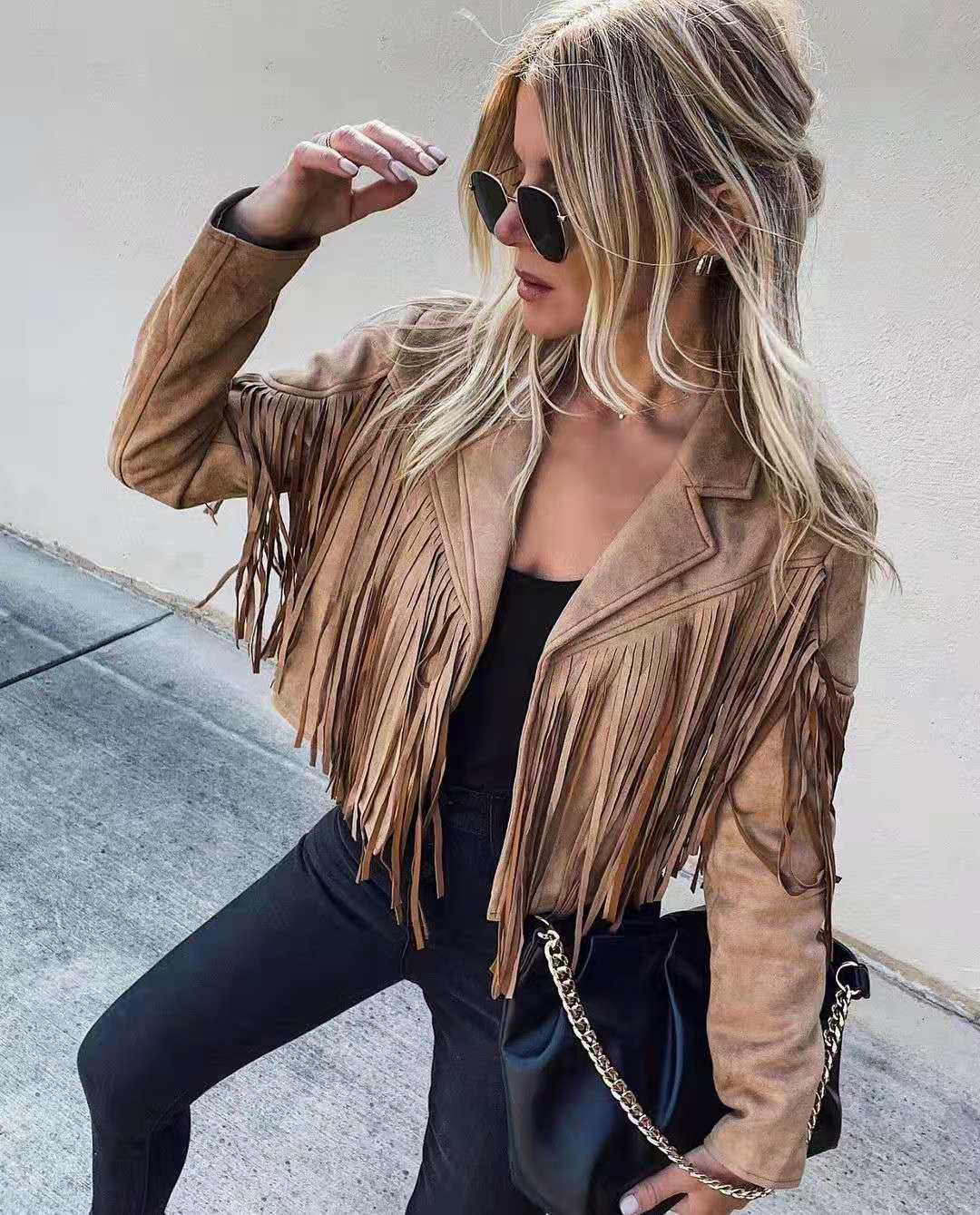 Vintage Lapel Long Sleeve Fringe Cropped Hippie Jacket