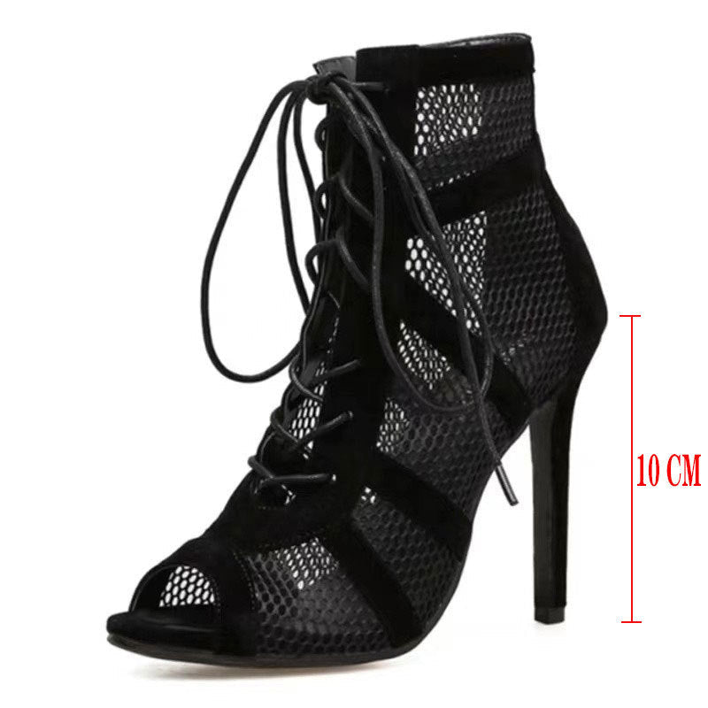 Women's Black Mesh Suede Cross Heels