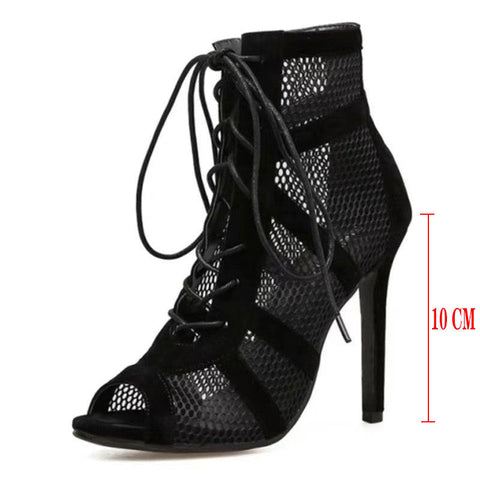 Women's Black Mesh Suede Cross Heels