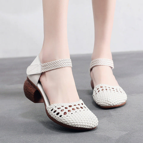 Women's Toe Breathable Chunky Woven Hollowed Heels