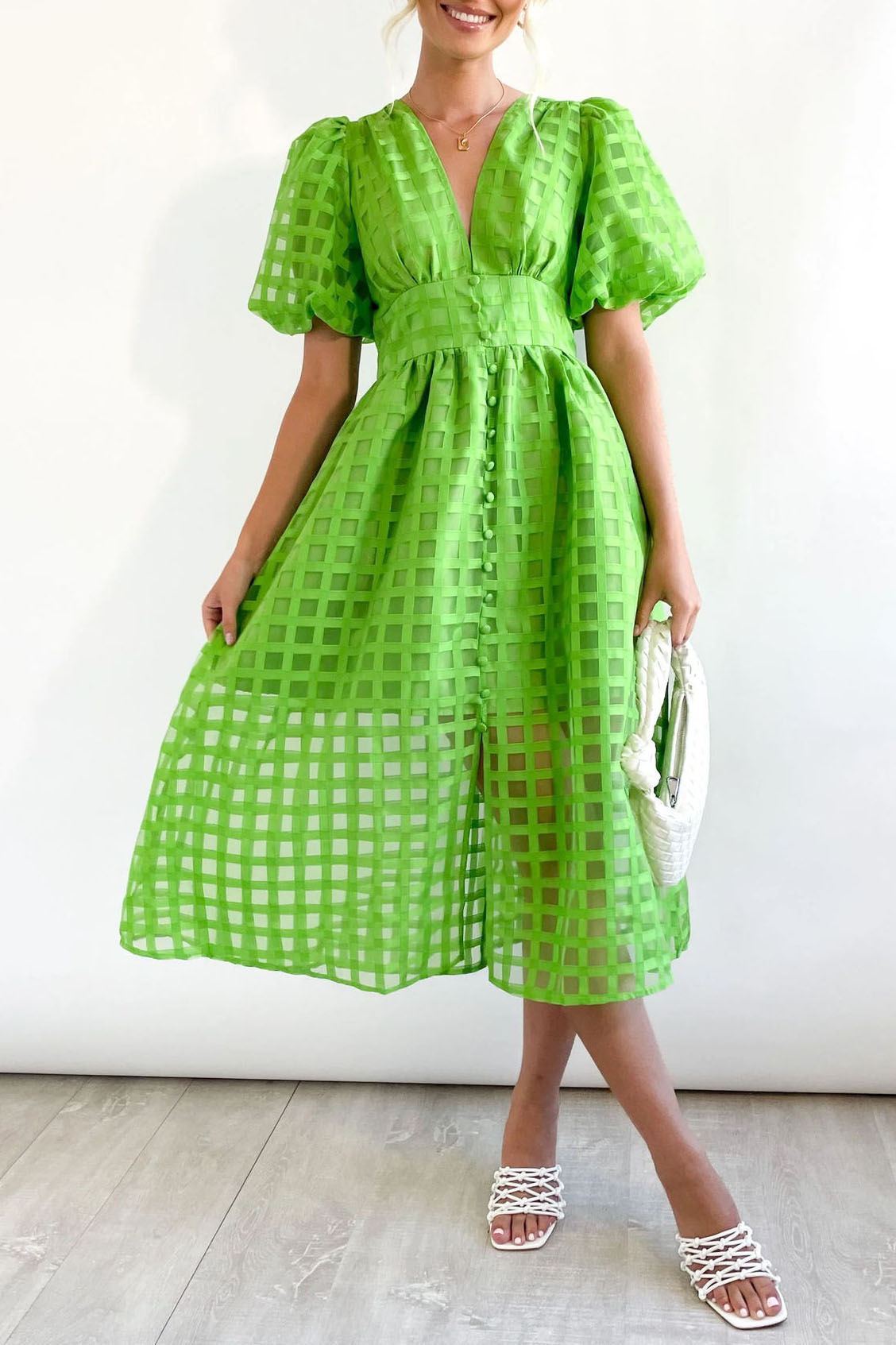 V-neck Lantern Sleeve Grid Semi-sheer Dress