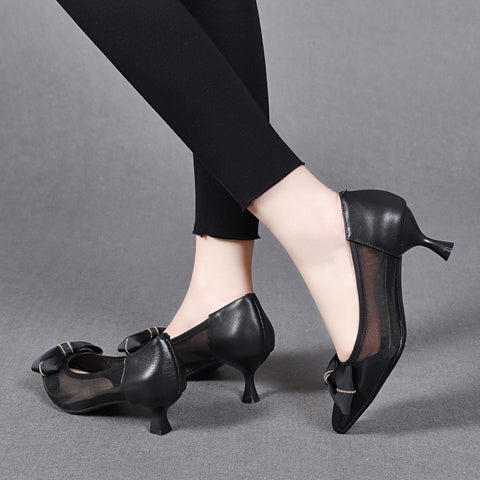 Women's Small Summer Bowknot Pumps Mid Pointed Heels