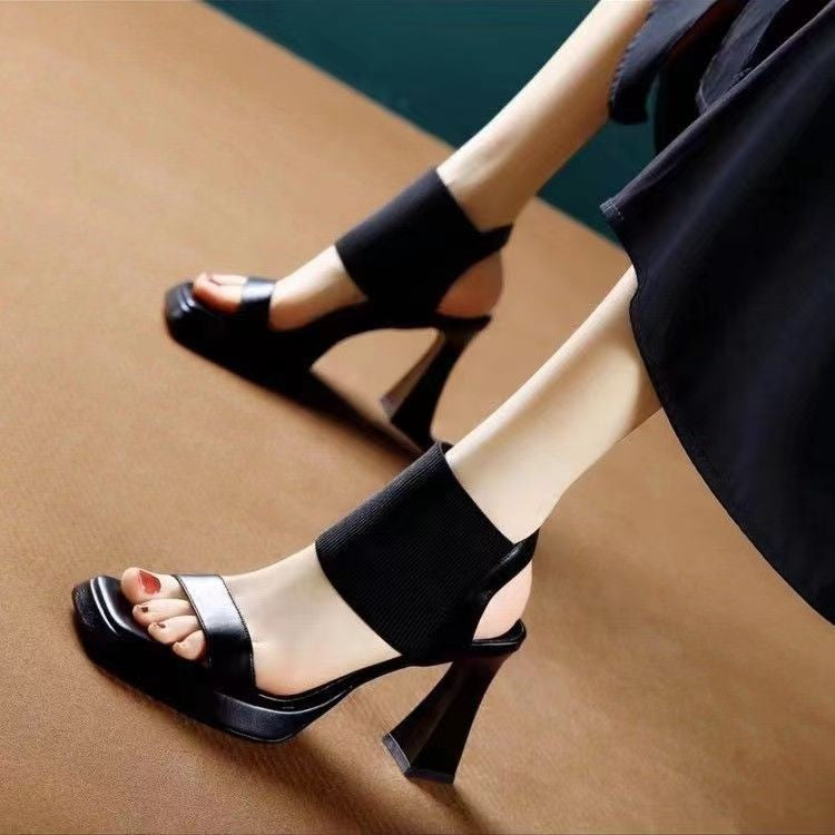 Women's Korean Peep Toe Chunky Square Elastic Heels