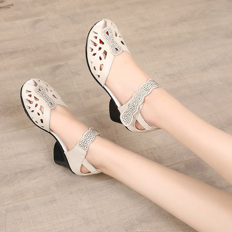 Women's Mid Chunky Summer Versatile Rhinestone Peep Toe Heels