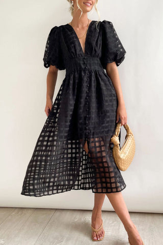 V-neck Lantern Sleeve Grid Semi-sheer Dress