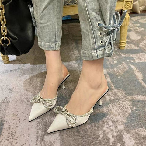 Women's Rhinestone Bow Pointed High-heeled Outdoor Heels