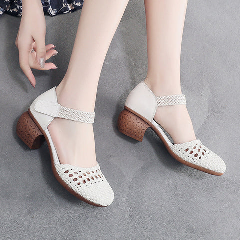 Women's Toe Breathable Chunky Woven Hollowed Heels