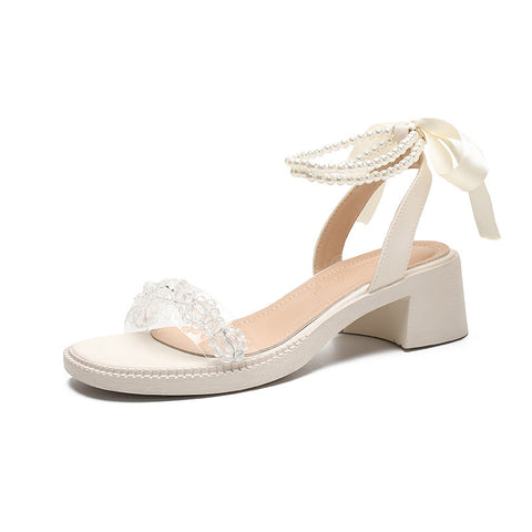 Women's Pearl Bow Peep Toe Fairy Traveling Heels