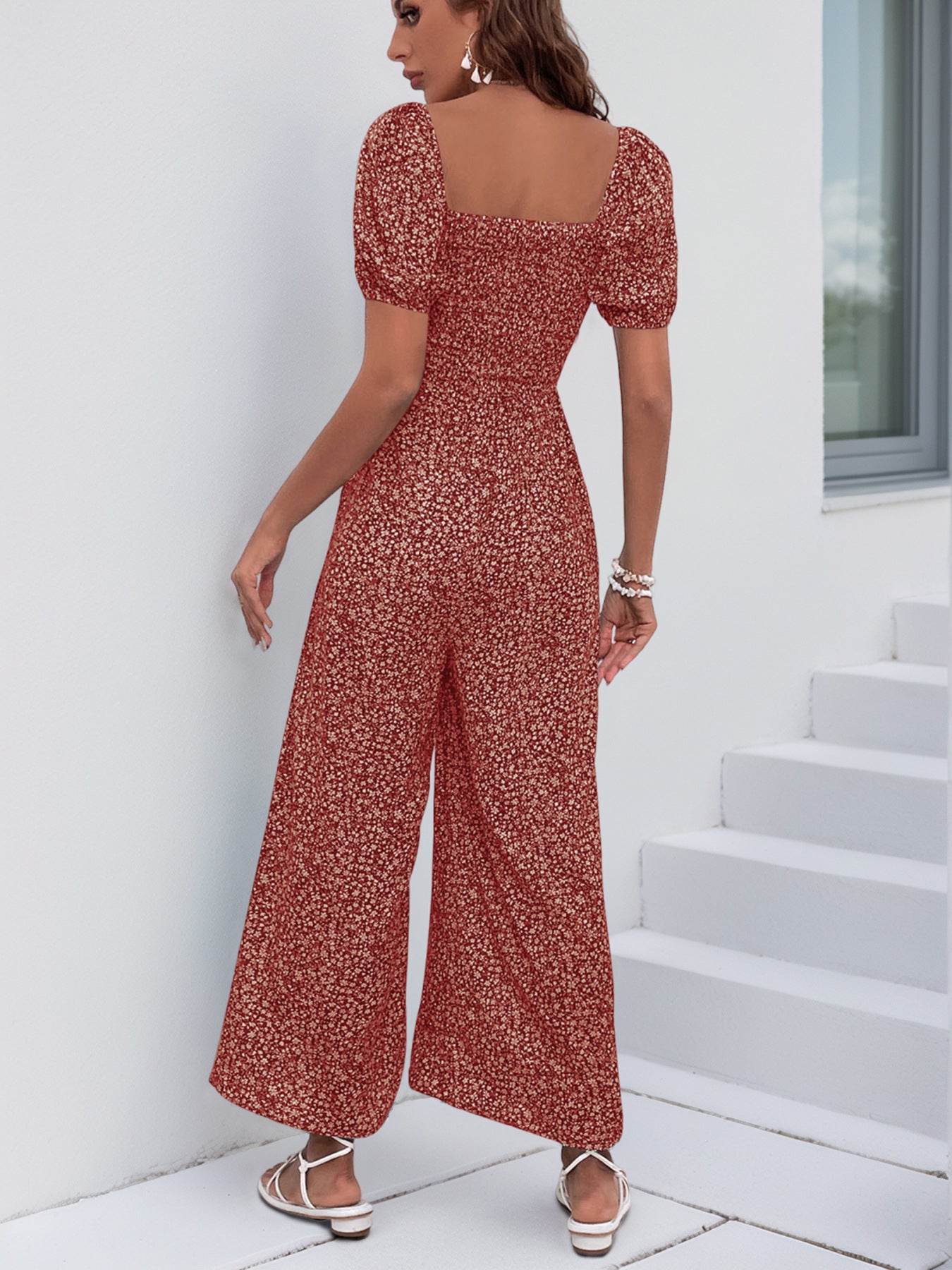 V Neck Wide Leg Polka Dot Jumpsuit