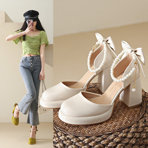 Women's Closed Toe Summer Korean Style Pearl Heels