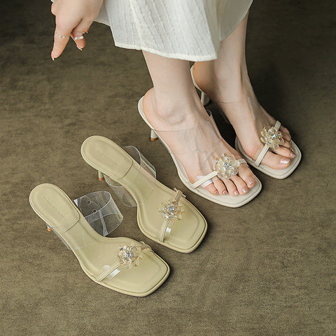 Women's With Transparent Tape Rhinestone Flowers Slippers