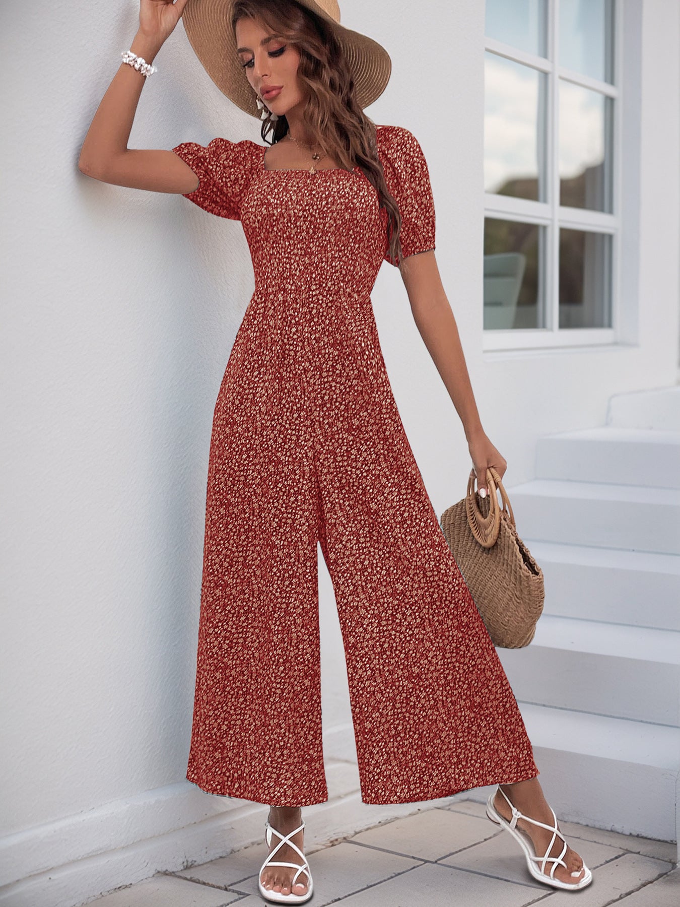V Neck Wide Leg Polka Dot Jumpsuit