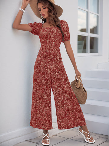 V Neck Wide Leg Polka Dot Jumpsuit
