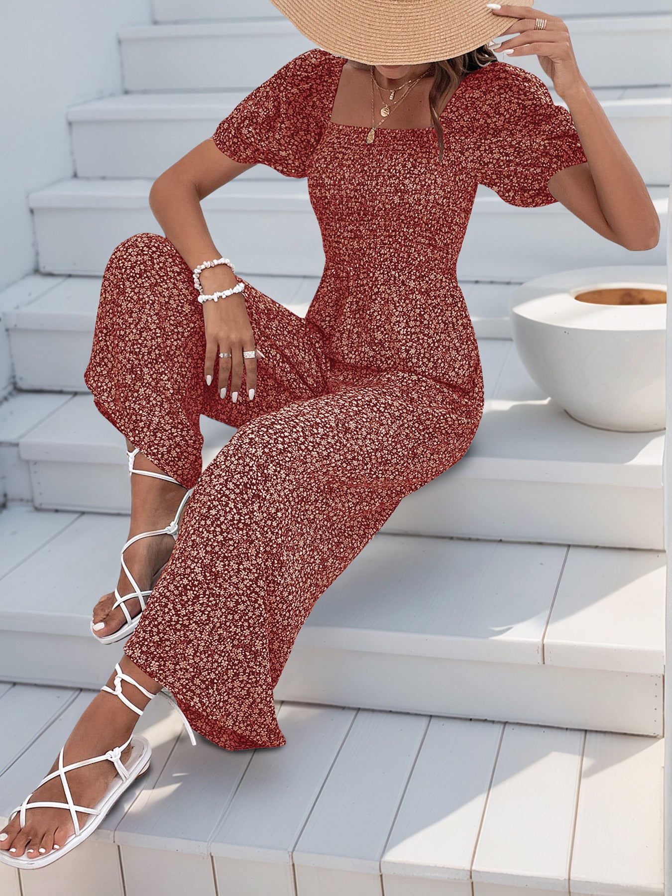V Neck Wide Leg Polka Dot Jumpsuit