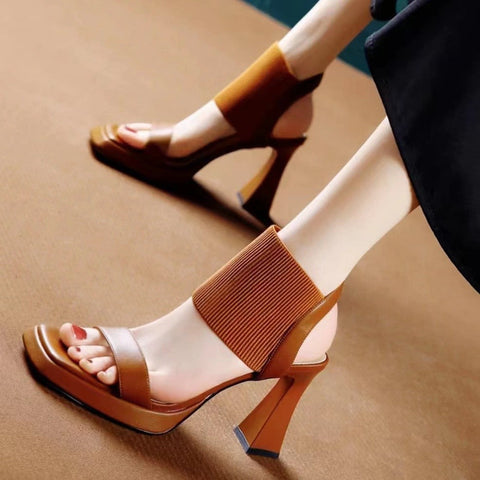 Women's Korean Peep Toe Chunky Square Elastic Heels