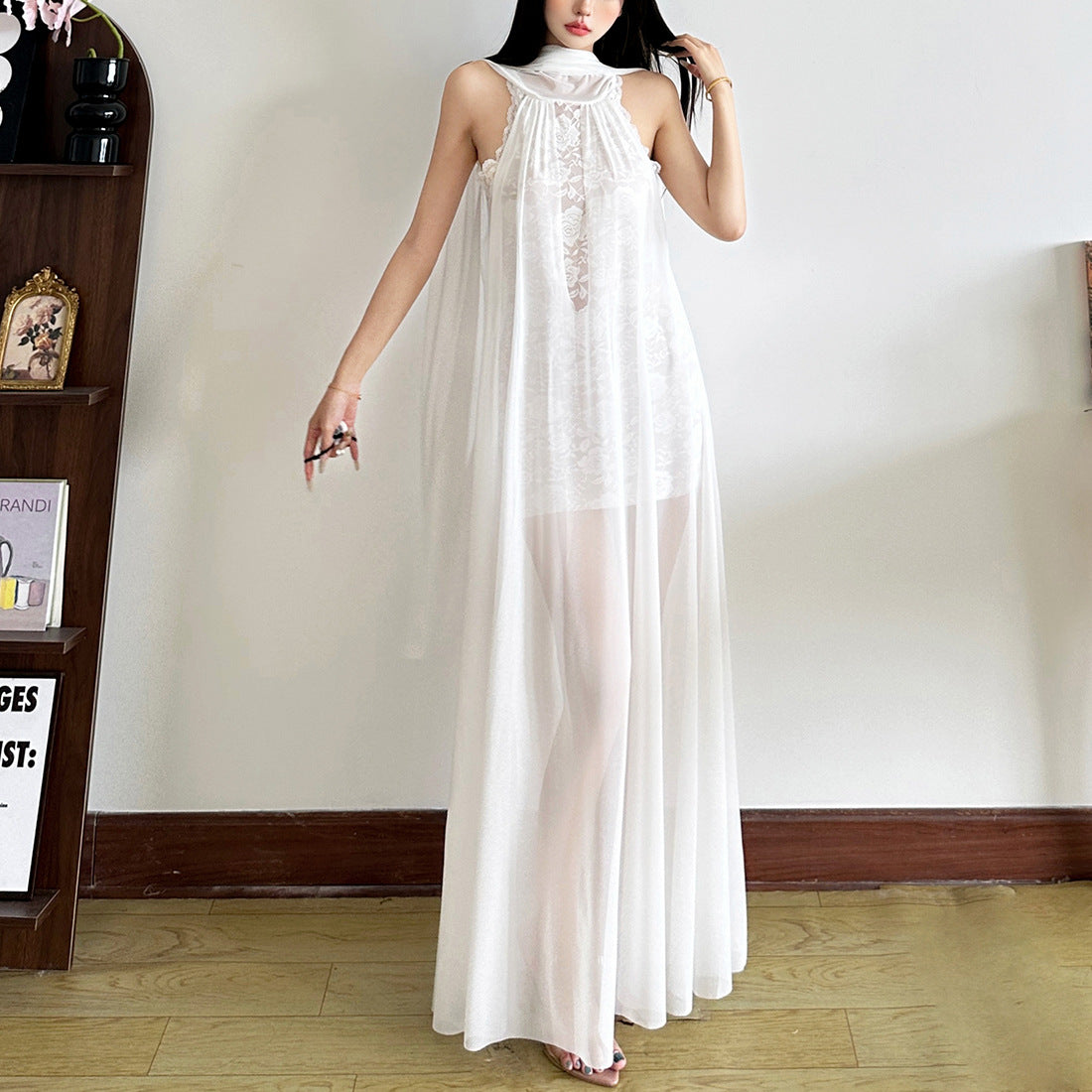 Halter neck lace panel design solid color long dress