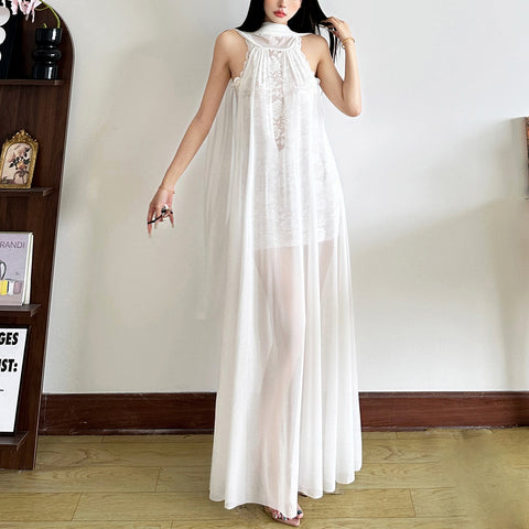 Halter neck lace panel design solid color long dress