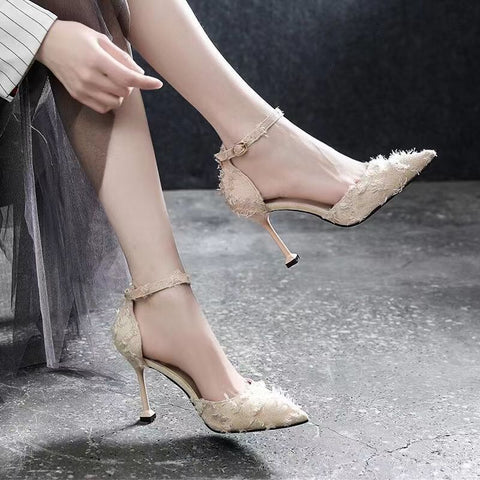 Women's Rubber Stiletto Suede Pointed Toe Buckle High Heels