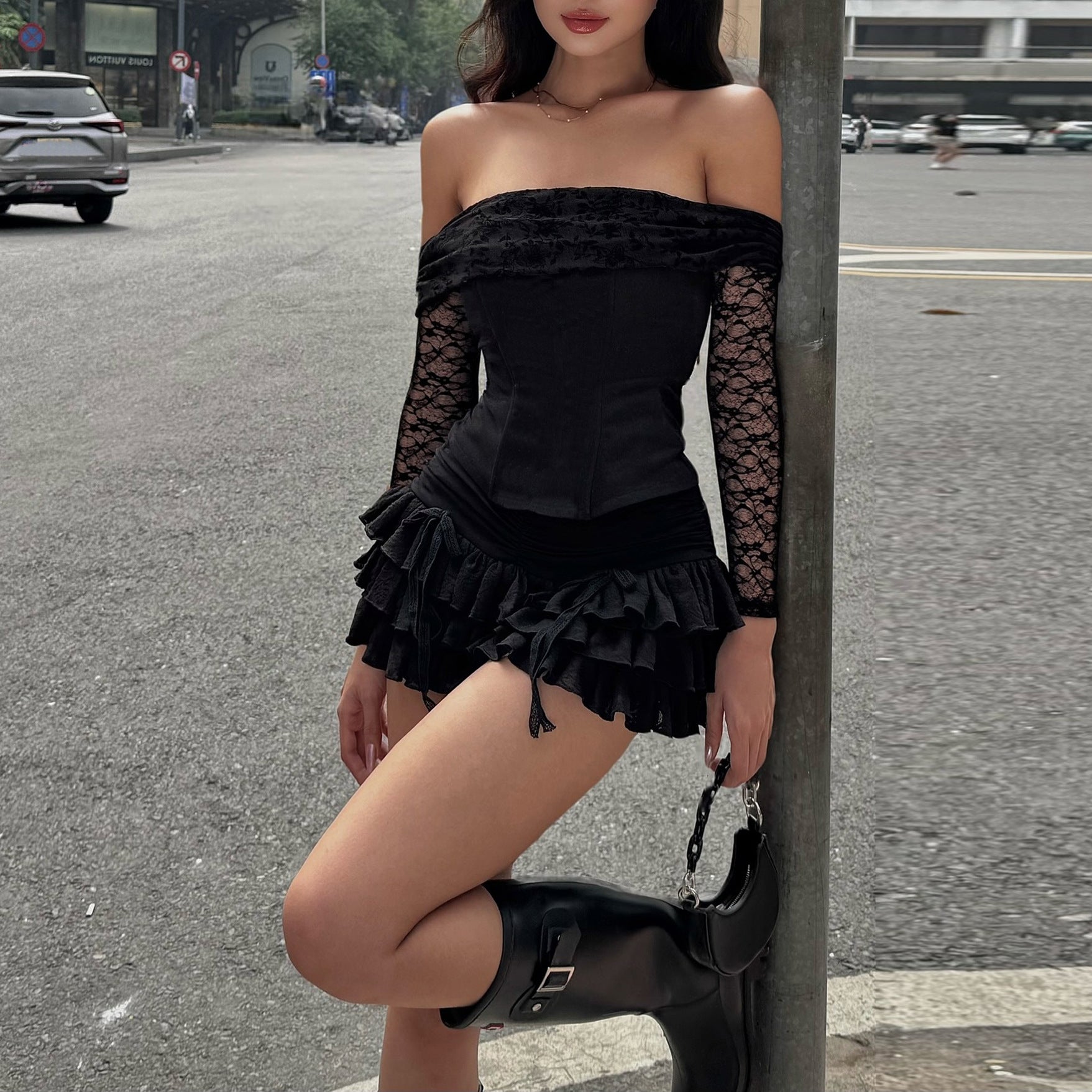 Lace mesh top and hip-hugging skirt suit