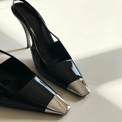 Black Square Toe Cap High Stiletto Heels