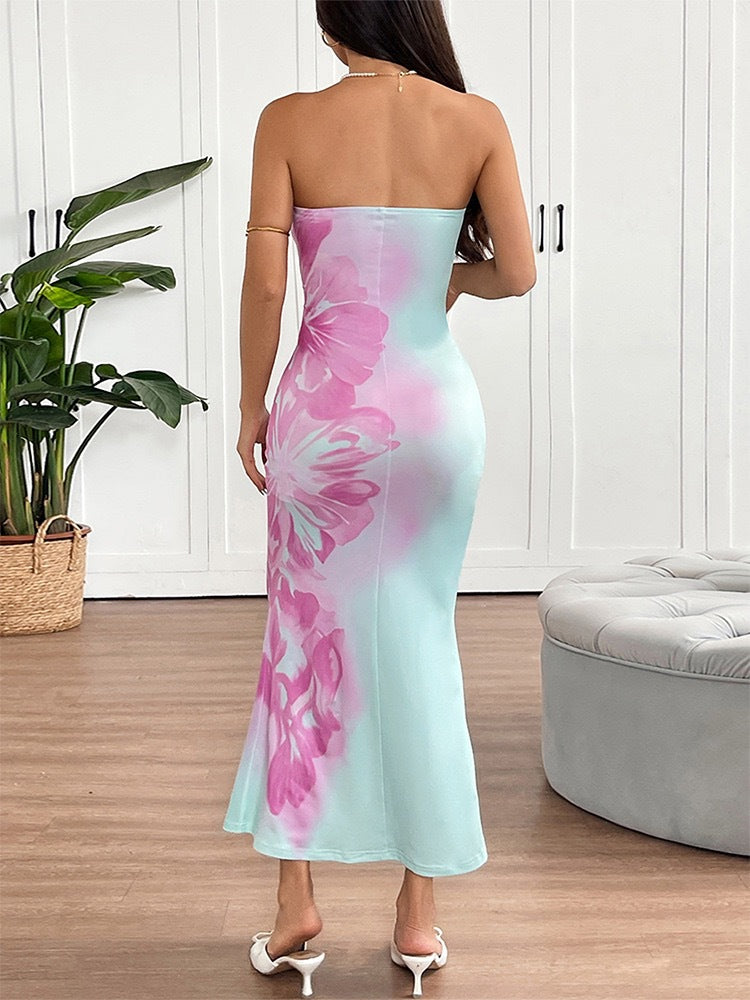 Strapless Fitted Contrast Print Dress