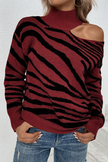 Tiger Print Turtleneck Drop-Shoulder Contrast Knit Sweater