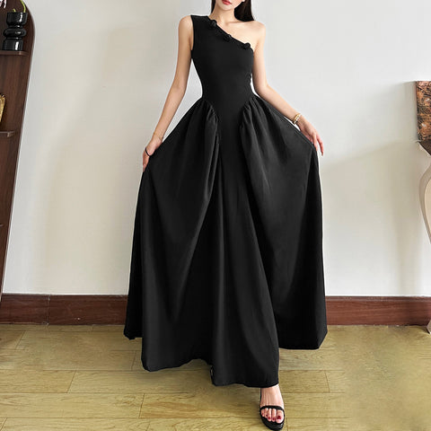 One-shoulder design 3D flower embellished maxi dress