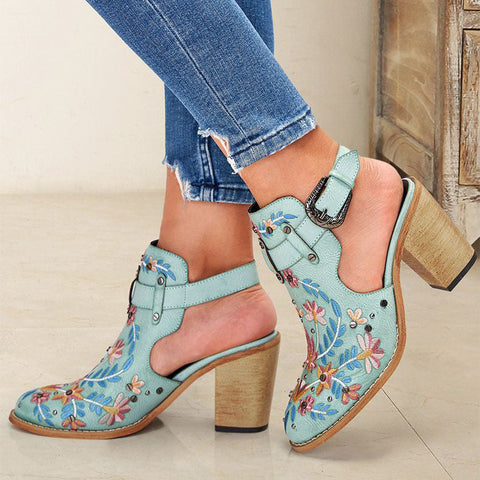 Vintage Floral Embroidered Espadrilles Chunky Heels