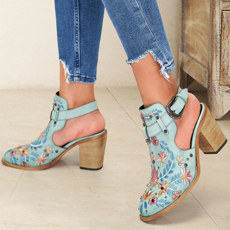 Vintage Floral Embroidered Espadrilles Chunky Heels