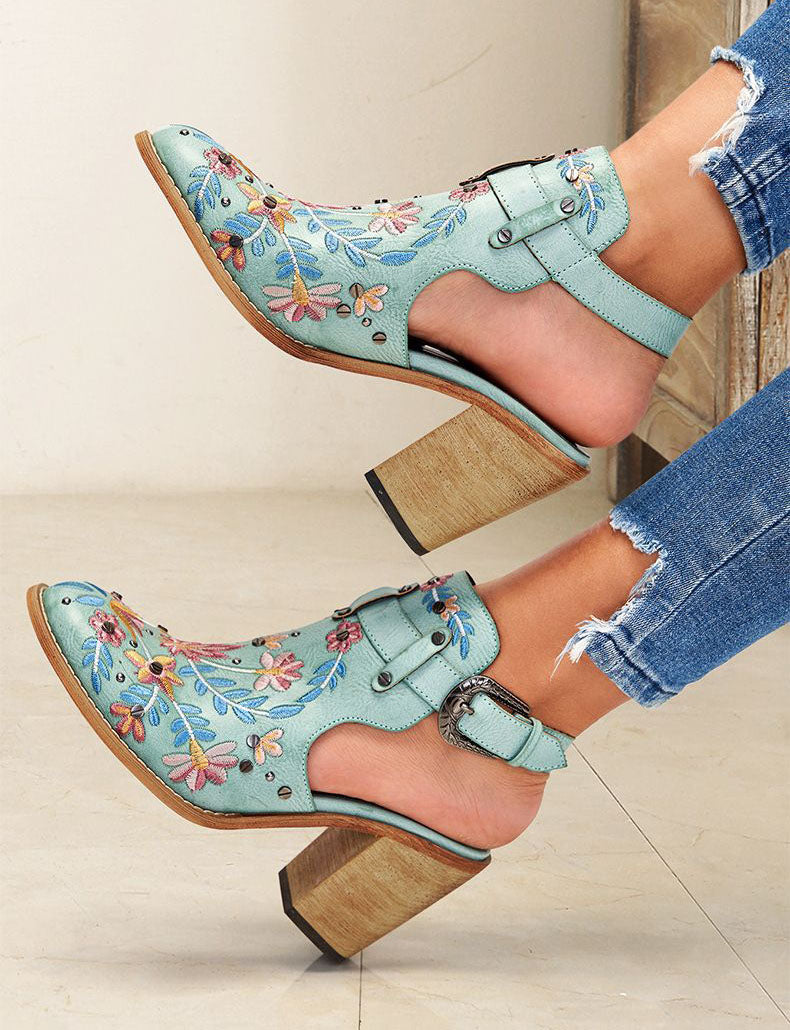 Vintage Floral Embroidered Espadrilles Chunky Heels