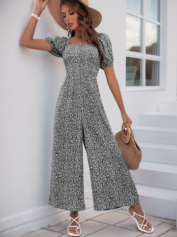 V Neck Wide Leg Polka Dot Jumpsuit