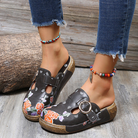 Vintage Print Platform Toe Slippers