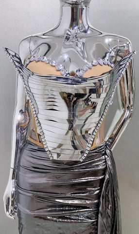 Metal Corset Crystals Mesh Dress