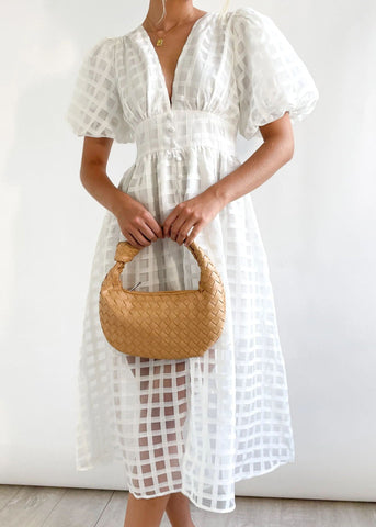 V-neck Lantern Sleeve Grid Semi-sheer Dress