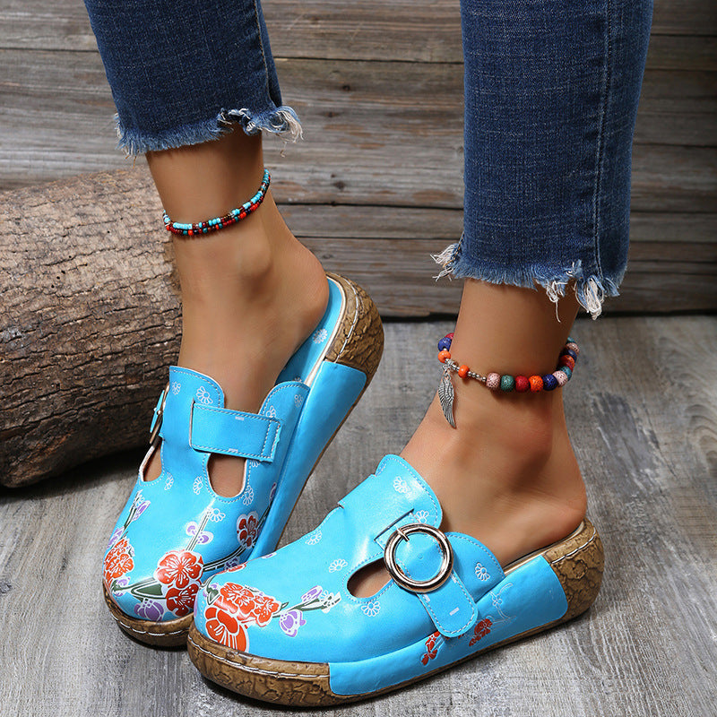 Vintage Print Platform Toe Slippers