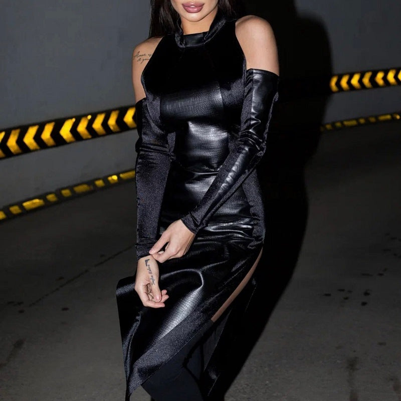 Elegant backless high slit leather dress