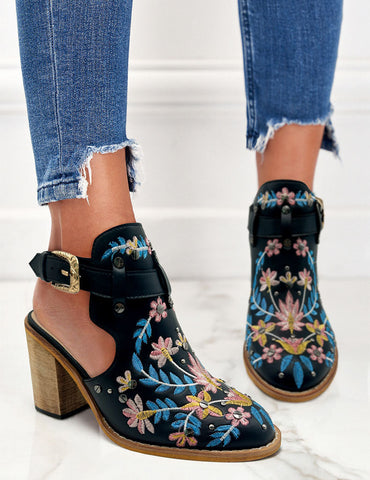 Vintage Floral Embroidered Espadrilles Chunky Heels