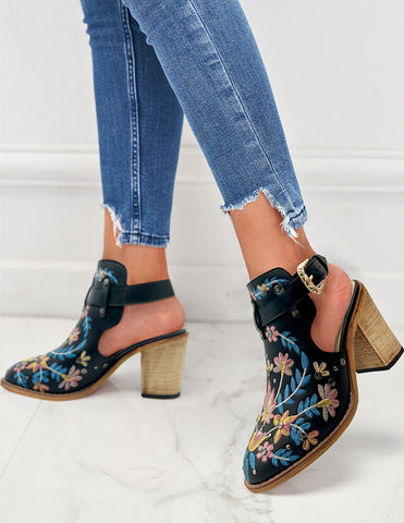 Vintage Floral Embroidered Espadrilles Chunky Heels