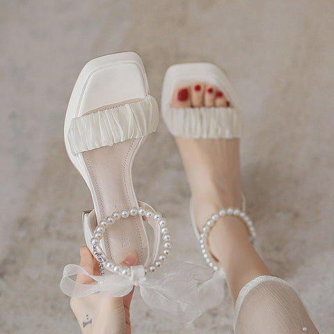 Women's Summer Chunky Platform Pearl Mary Heels