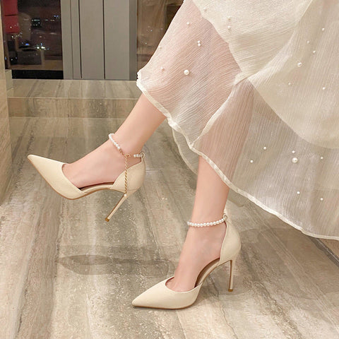 Women's Strap Sweet Fairy Style Pearl Closed Heels