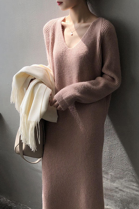 V-neck basic Cozy Knitted maxi Dress