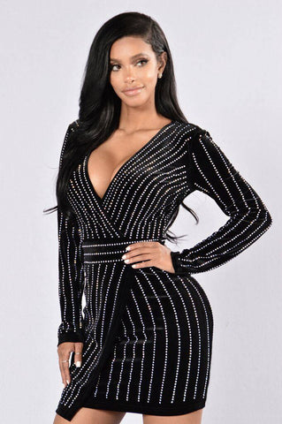 Sparkly Rhinestone Deep V Long Sleeve Bodycon Party Mini Dress - Black