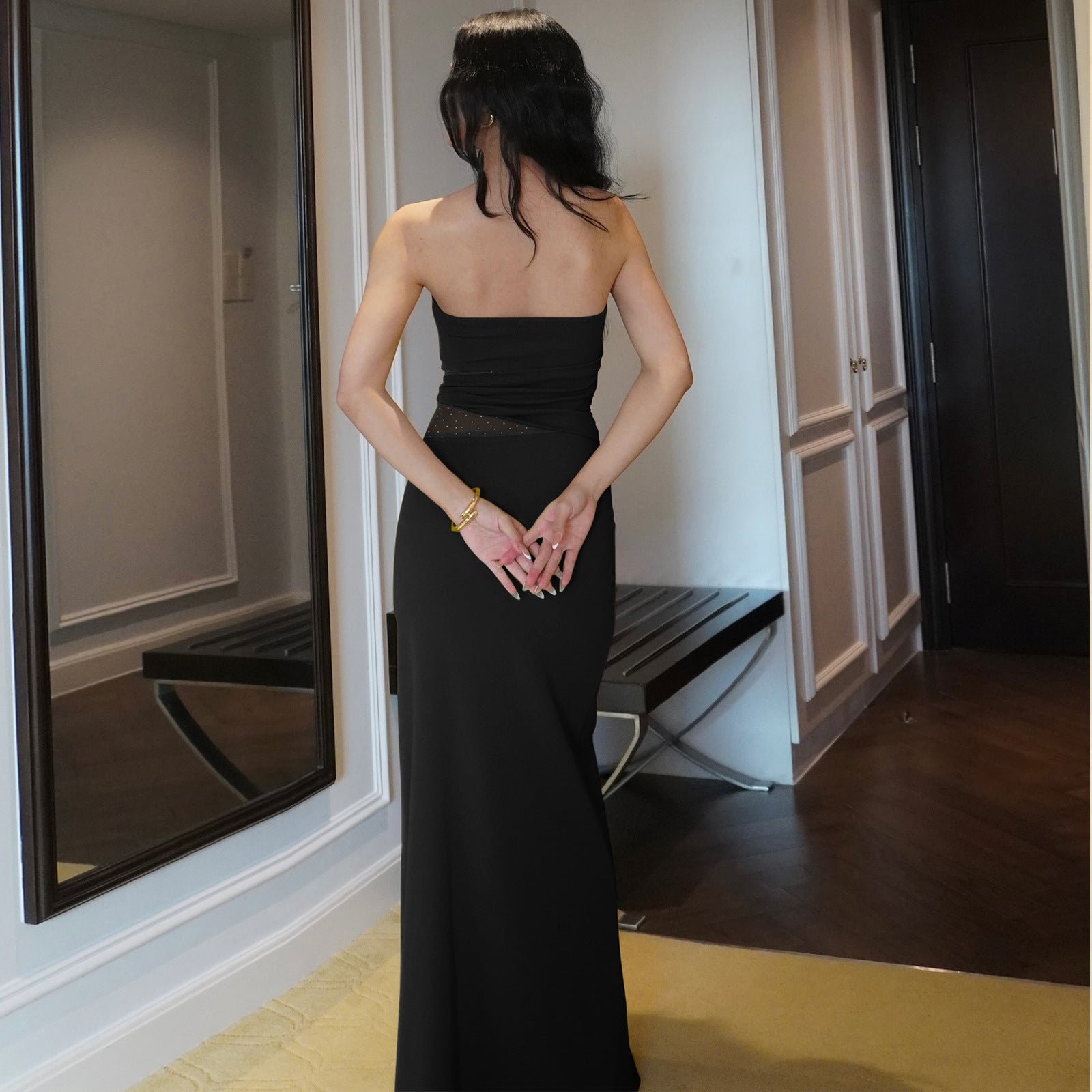 Shiny Silk Twist-Panel Slim-Fit Strapless Dress