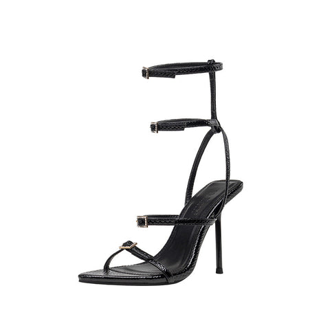 Women's Buckle Pointed High Summer Black Strip Heels