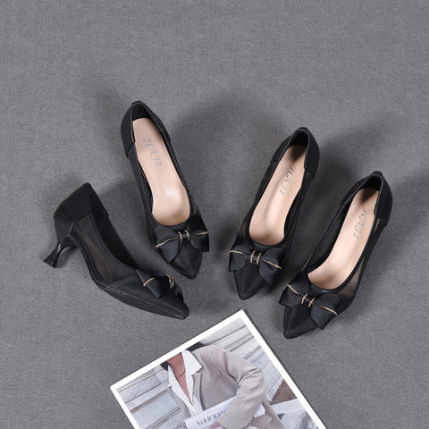 Women's Small Summer Bowknot Pumps Mid Pointed Heels