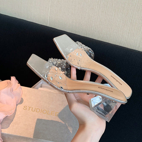 Innovative Summer Square Toe Transparent Crystal Slippers