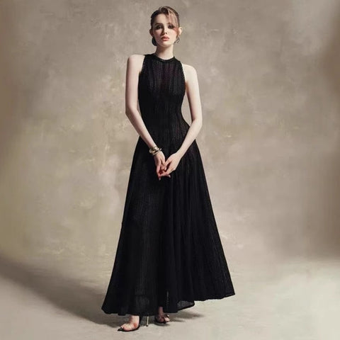 Elegant Crew Neck Sleeveless Beaded Feather Cocktail Party Midi Dress - Black